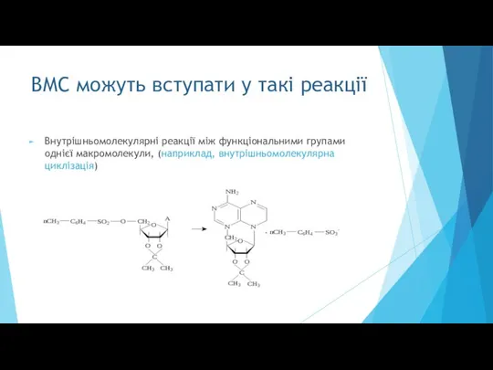 ВМС можуть вступати у такі реакції Внутрішньомолекулярні реакції між функціональними групами однієї макромолекули, (наприклад, внутрішньомолекулярна циклізація)