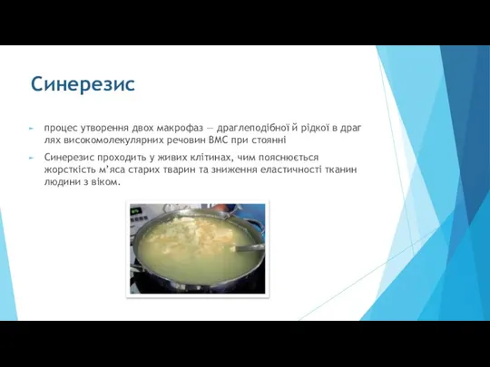 Синерезис процес утворення двох макрофаз — драглеподібної й рідкої в драг­лях