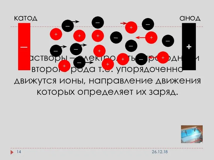 растворы – электролиты, проводники второго рода т.е. упорядоченно движутся ионы, направление