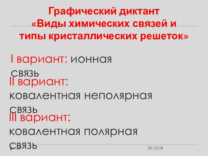 Графический диктант «Виды химических связей и типы кристаллических решеток» I вариант: