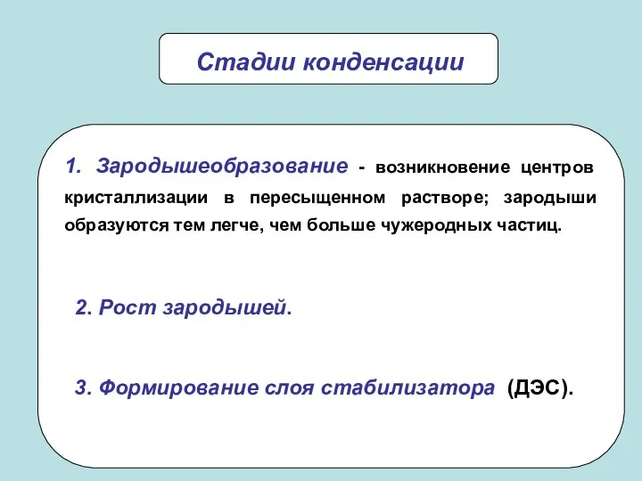 Стадии конденсации 2. Рост зародышей. 3. Формирование слоя стабилизатора (ДЭС).