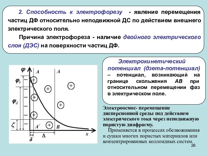 2. Способность к электрофорезу - явление перемещения частиц ДФ относительно неподвижной