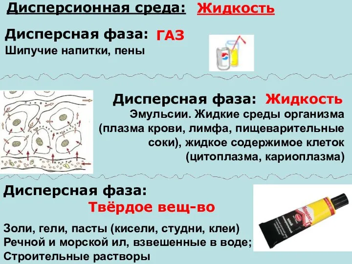 Дисперсионная среда: Жидкость Дисперсная фаза: ГАЗ Шипучие напитки, пены Дисперсная фаза: