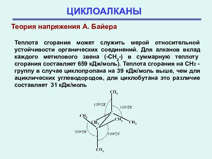 ЦИКЛОАЛКАНЫ Теплота сгорания может служить мерой относительной устойчивости органических соединений. Для