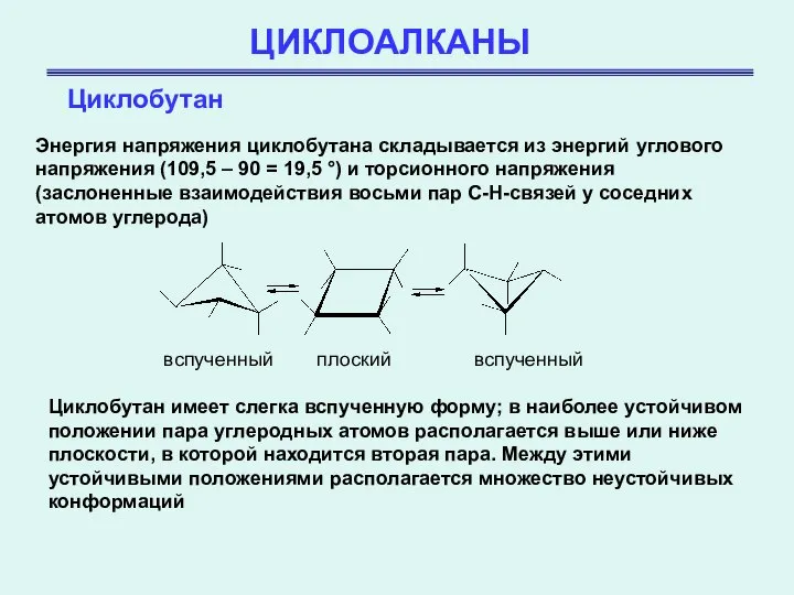 ЦИКЛОАЛКАНЫ Циклобутан Энергия напряжения циклобутана складывается из энергий углового напряжения (109,5