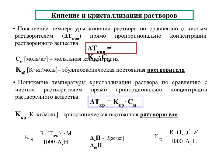 Кипение и кристаллизация растворов Повышение температуры кипения раствора по сравнению с