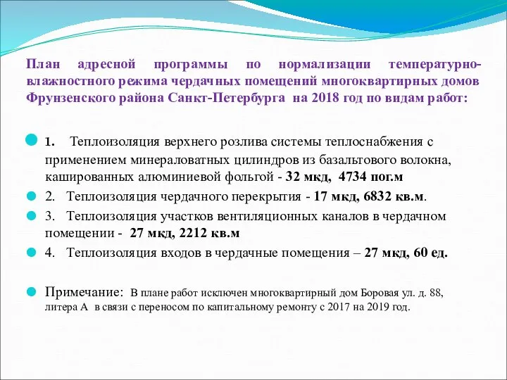 План адресной программы по нормализации температурно-влажностного режима чердачных помещений многоквартирных домов