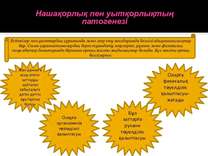 Нашақорлық пен уытқорлықтың патогенезі Есіткілер мен уыттардың құрамында және әсер ету