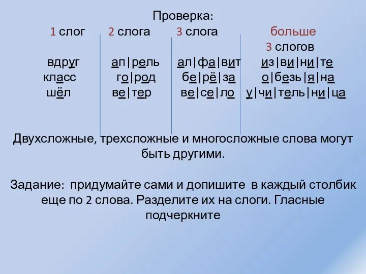 Проверка: 1 слог 2 слога 3 слога больше 3 слогов вдруг