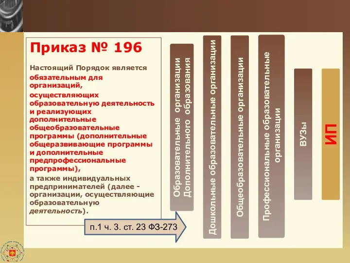 Приказ № 196 Настоящий Порядок является обязательным для организаций, осуществляющих образовательную