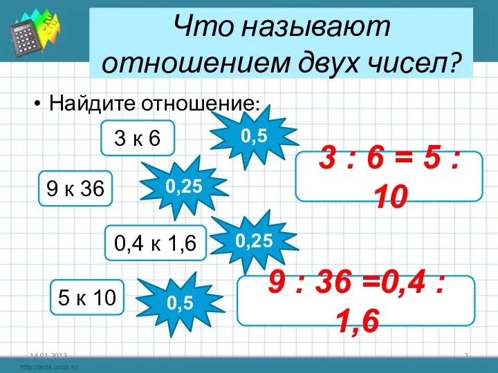 Что называют отношением двух чисел? Найдите отношение: 14.01.2013 3 к 6