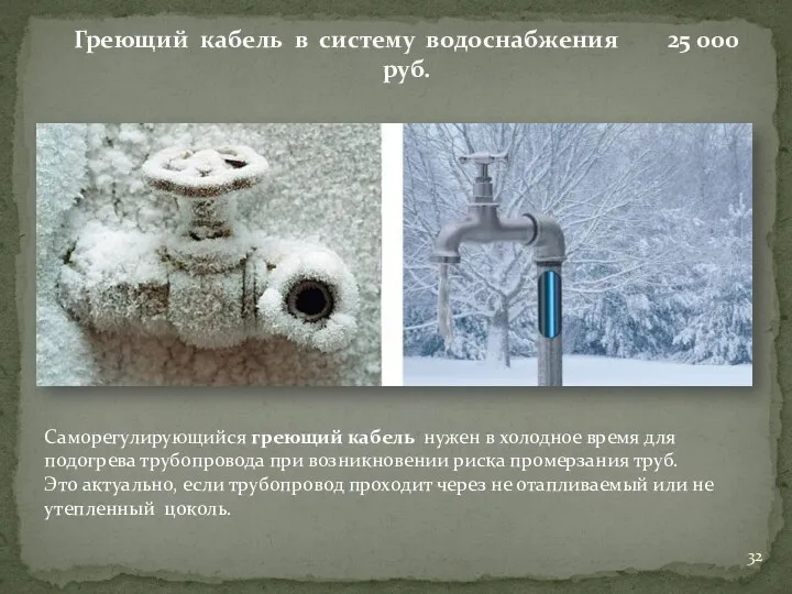 Греющий кабель в систему водоснабжения 25 000 руб. Саморегулирующийся греющий кабель