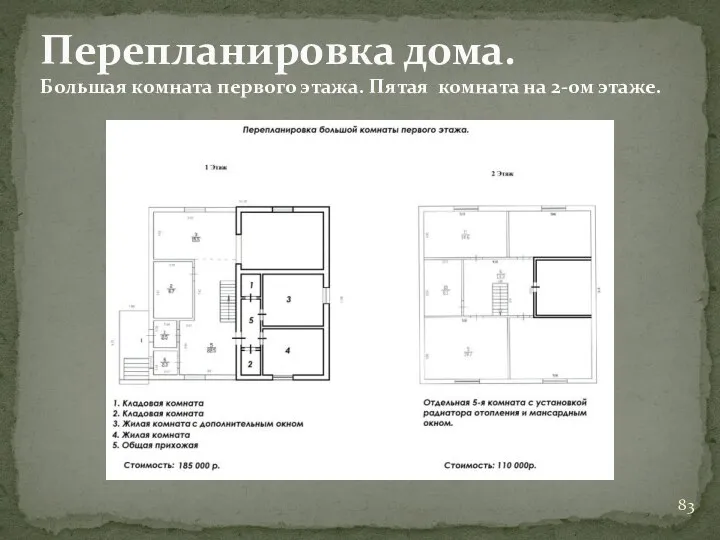 Перепланировка дома. Большая комната первого этажа. Пятая комната на 2-ом этаже.