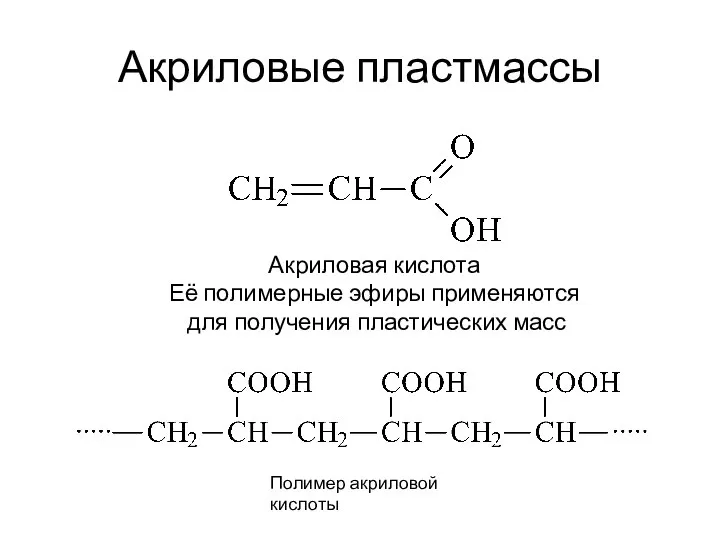 Акриловые пластмассы Акриловая кислота Её полимерные эфиры применяются для получения пластических масс Полимер акриловой кислоты