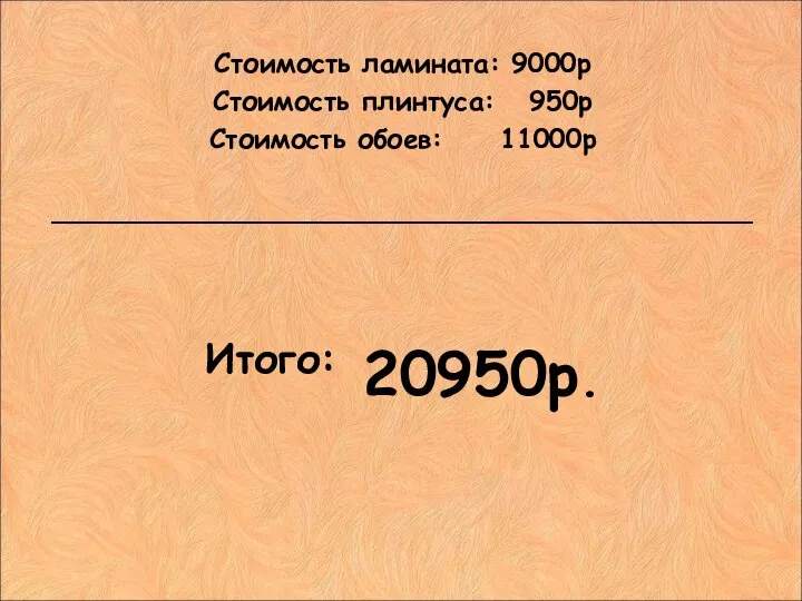 Стоимость ламината: 9000р Стоимость плинтуса: 950р Стоимость обоев: 11000р _______________________________________________ Итого: 20950р.