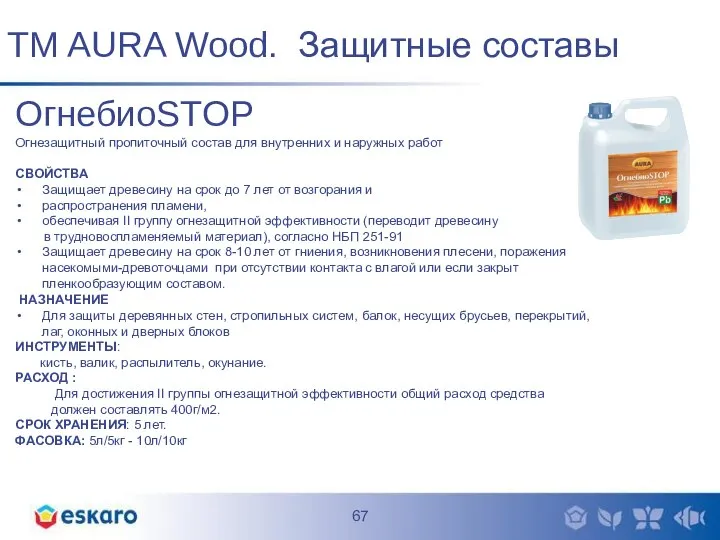 TM AURA Wood. Защитные составы ОгнебиоSTOP Огнезащитный пропиточный состав для внутренних