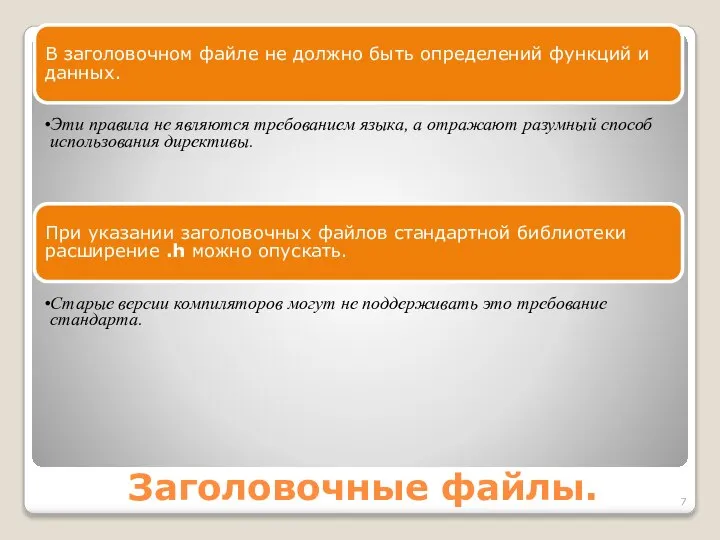 Заголовочные файлы. В заголовочном файле не должно быть определений функций и