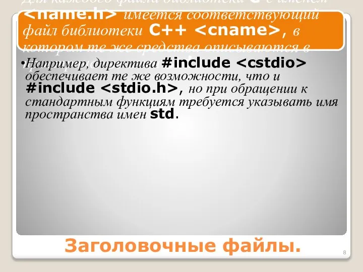 Заголовочные файлы. Для каждого файла библиотеки С с именем имеется соответствующий