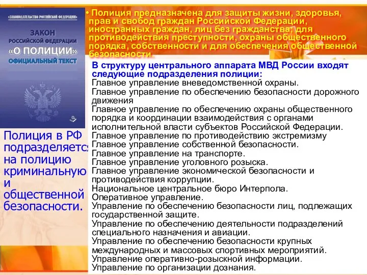 Полиция в РФ подразделяется на полицию криминальную и общественной безопасности. Полиция