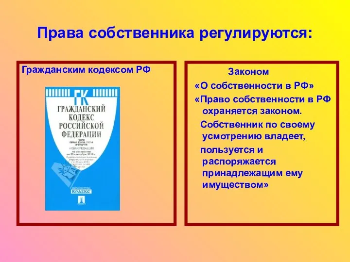 Права собственника регулируются: Гражданским кодексом РФ Законом «О собственности в РФ»