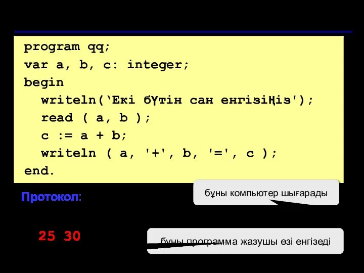 Толық шығарылуы program qq; var a, b, c: integer; begin writeln(‘Екі
