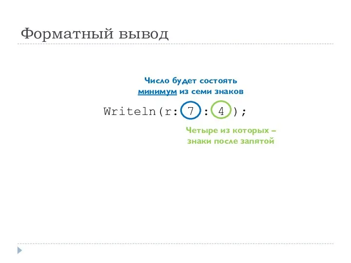 Форматный вывод Writeln(r: 7 : 4 ); Число будет состоять минимум