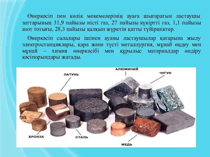 Өнеркәсіп пен көлік мекемелерінің ауаға шығаратын ластаушы заттарының 31,9 пайызы иісті