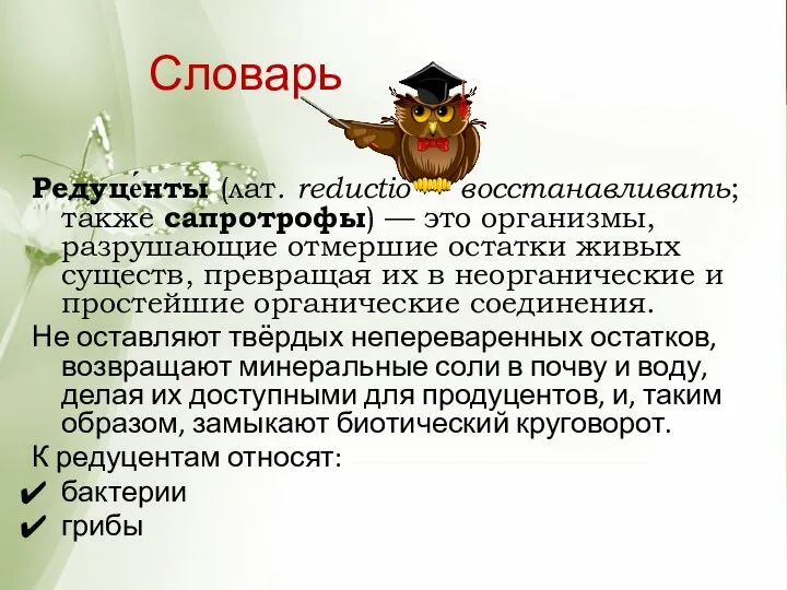 Словарь Редуце́нты (лат. reductio — восстанавливать; также сапротрофы) — это организмы,