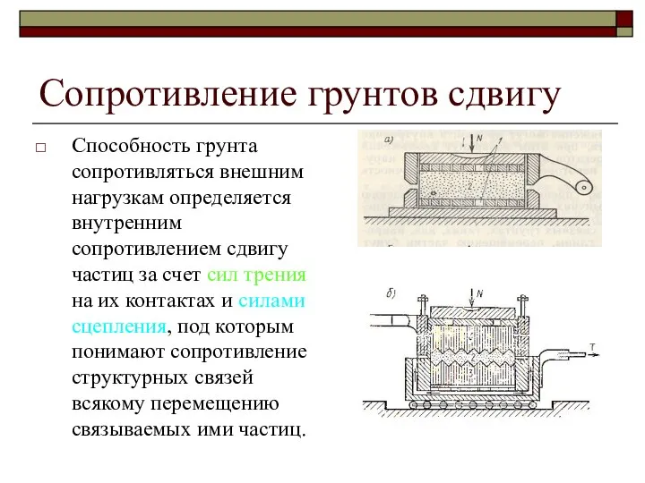 Сопротивление грунтов сдвигу Способность грунта сопротивляться внешним нагрузкам определяется внутренним сопротивлением