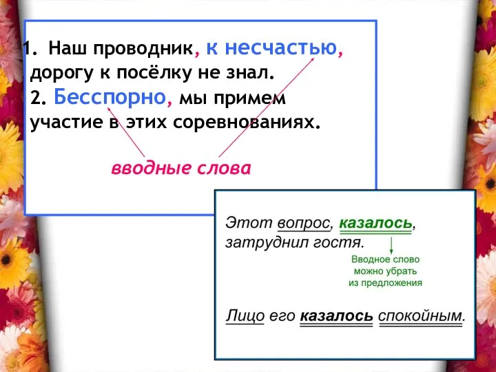 Наш проводник, к несчастью, дорогу к посёлку не знал. 2. Бесспорно,