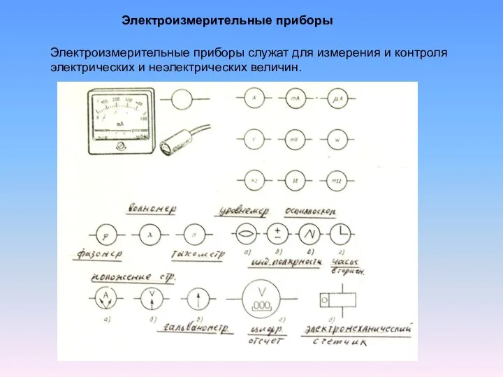 Электроизмерительные приборы Электроизмерительные приборы служат для измерения и контроля электрических и неэлектрических величин.