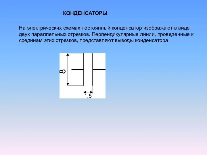 КОНДЕНСАТОРЫ На электрических схемах постоянный конденсатор изображают в виде двух параллельных