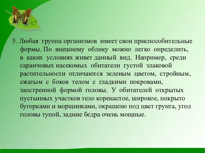 5. Любая группа организмов имеет свои приспособительные формы. По внешнему облику