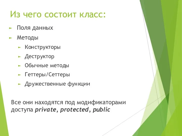 Из чего состоит класс: Поля данных Методы Конструкторы Деструктор Обычные методы