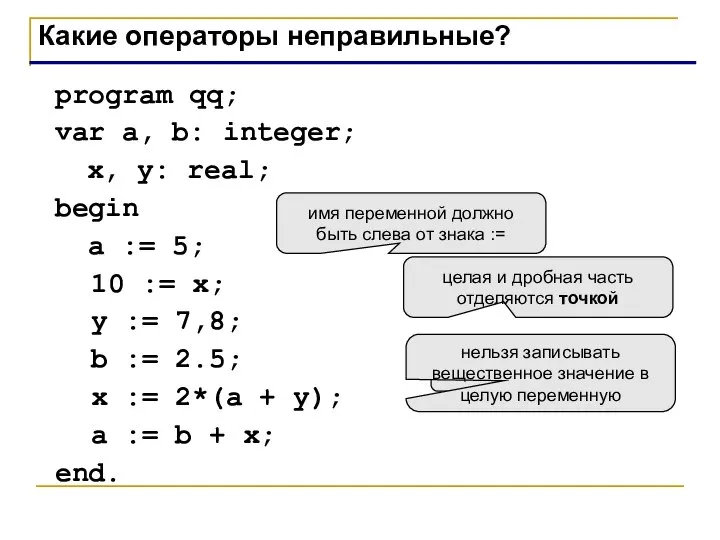 program qq; var a, b: integer; x, y: real; begin a