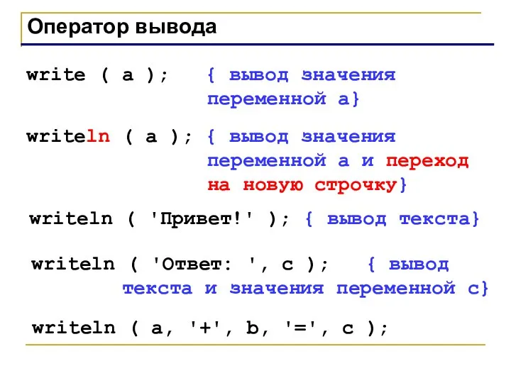 Оператор вывода write ( a ); { вывод значения переменной a}