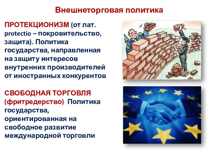 Внешнеторговая политика ПРОТЕКЦИОНИЗМ (от лат. protectio – покровительство, защита). Политика государства,