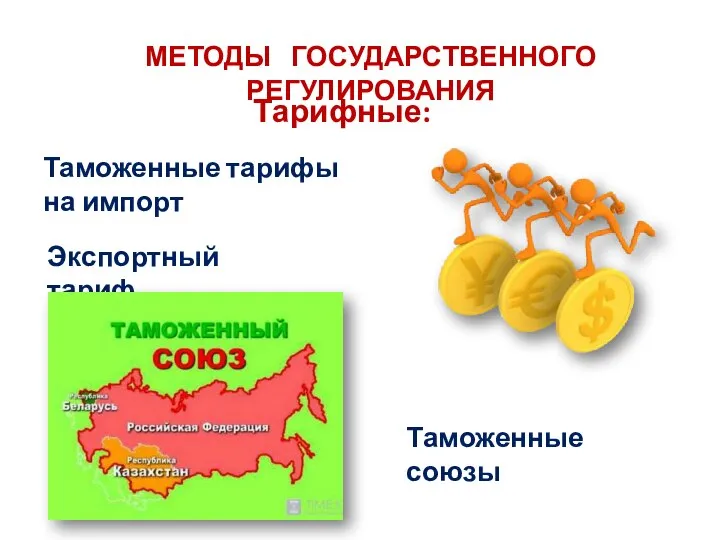 МЕТОДЫ ГОСУДАРСТВЕННОГО РЕГУЛИРОВАНИЯ Тарифные: Таможенные тарифы на импорт Экспортный тариф Таможенные союзы