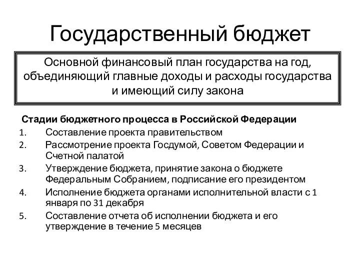 Государственный бюджет Стадии бюджетного процесса в Российской Федерации Составление проекта правительством