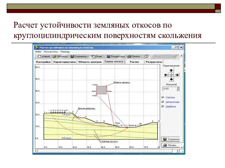 Расчет устойчивости земляных откосов по круглоцилиндрическим поверхностям скольжения