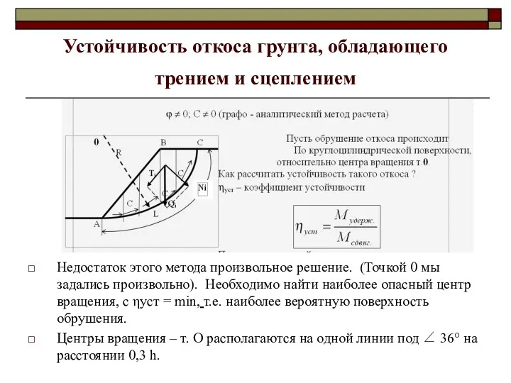 Устойчивость откоса грунта, обладающего трением и сцеплением Недостаток этого метода произвольное