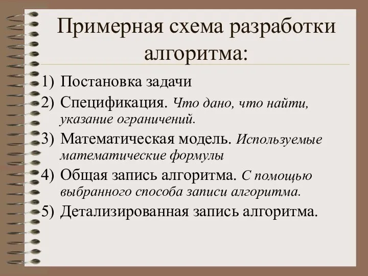 Примерная схема разработки алгоритма: Постановка задачи Спецификация. Что дано, что найти,