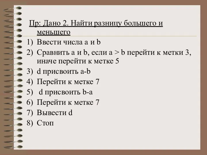 Пр: Дано 2. Найти разницу большего и меньшего Ввести числа а