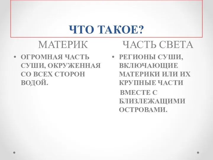 ЧТО ТАКОЕ? МАТЕРИК ЧАСТЬ СВЕТА ОГРОМНАЯ ЧАСТЬ СУШИ, ОКРУЖЕННАЯ СО ВСЕХ