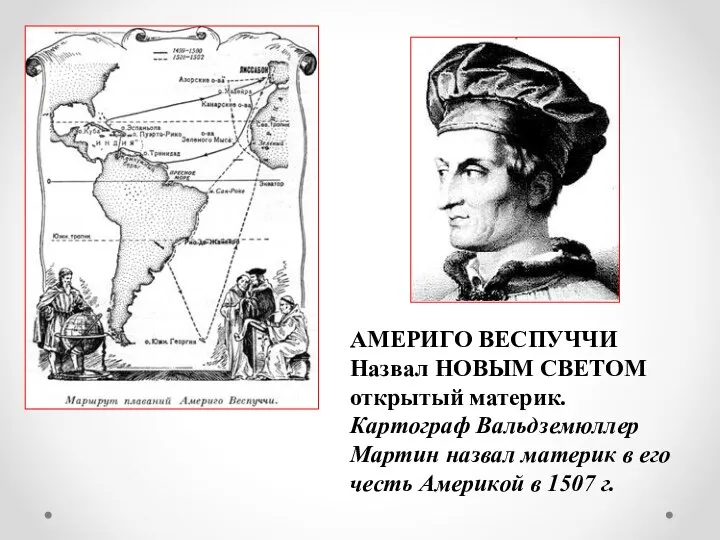 АМЕРИГО ВЕСПУЧЧИ Назвал НОВЫМ СВЕТОМ открытый материк. Картограф Вальдземюллер Мартин назвал