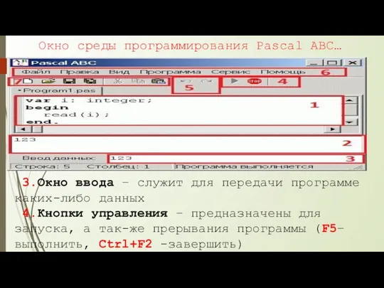 Окно среды программирования Pascal ABC… 3.Окно ввода – служит для передачи