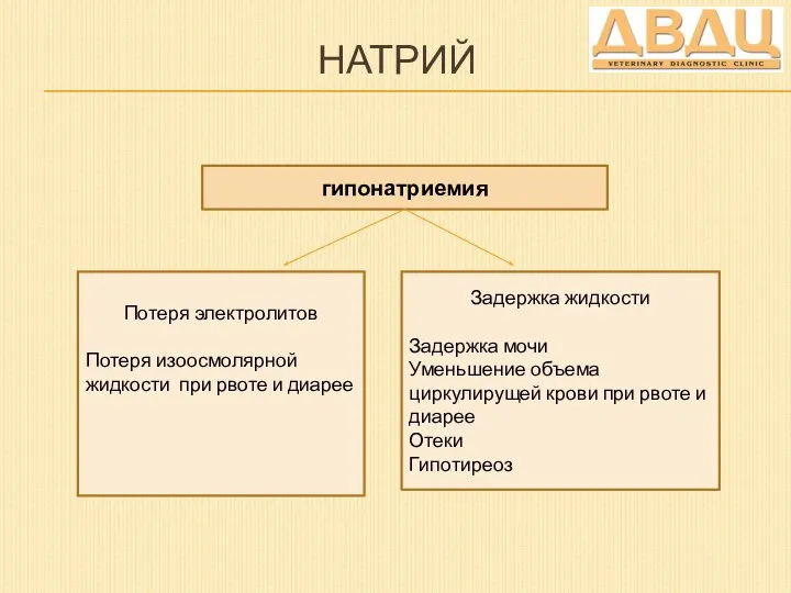 НАТРИЙ гипонатриемия Потеря электролитов Потеря изоосмолярной жидкости при рвоте и диарее