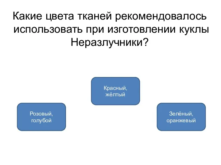 Какие цвета тканей рекомендовалось использовать при изготовлении куклы Неразлучники? Красный, жёлтый Розовый, голубой Зелёный, оранжевый