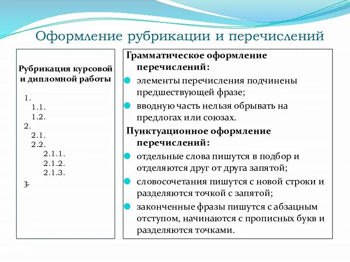 Оформление рубрикации и перечислений Рубрикация курсовой и дипломной работы 1. 1.1.