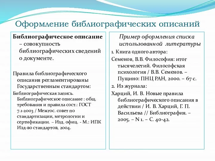 Оформление библиографических описаний Библиографическое описание – совокупность библиографических сведений о документе.